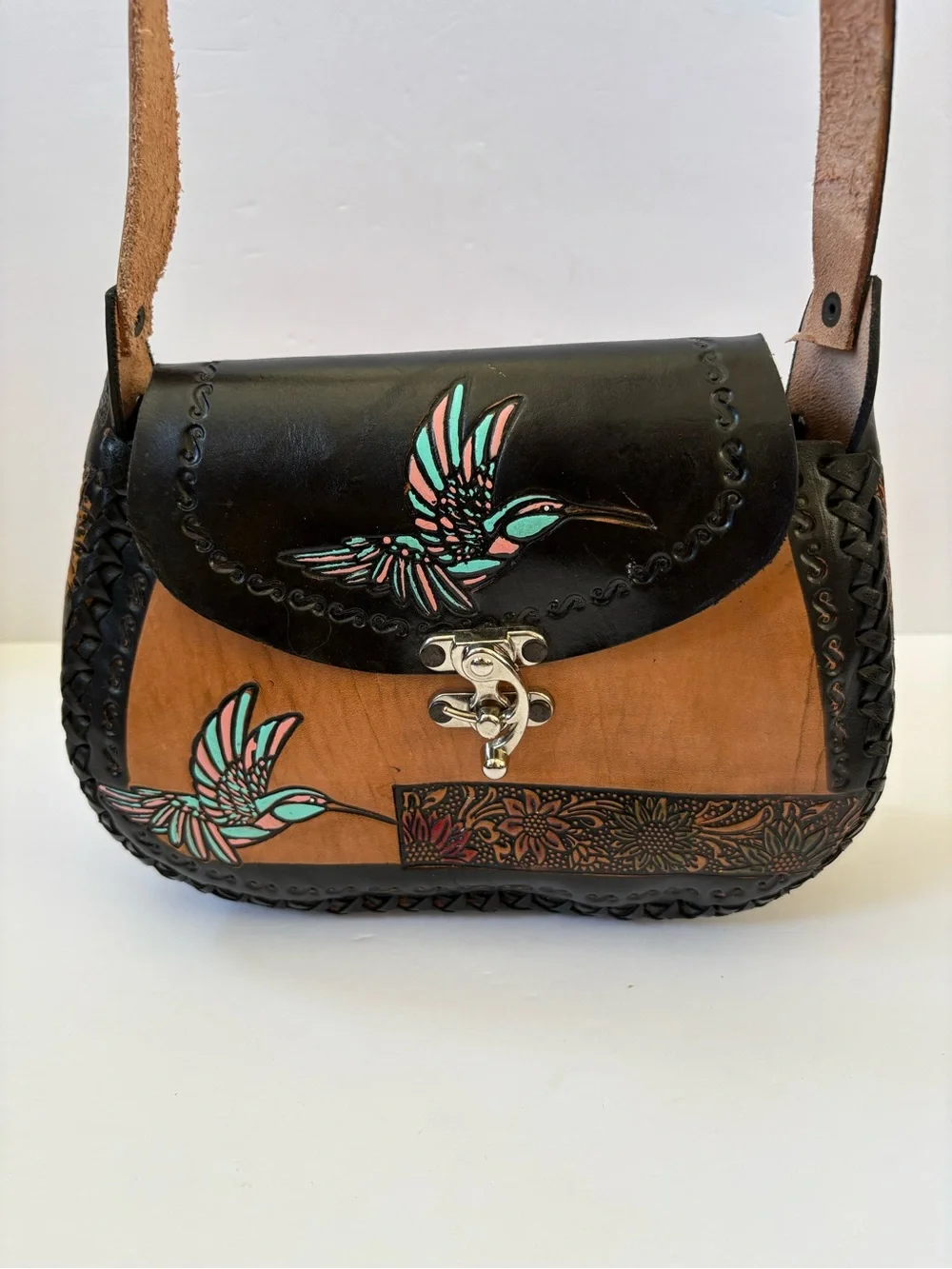 Mexican Leather Crossbones Bag Hand Crafted Tooled Hummingbird Brown Black Artsy